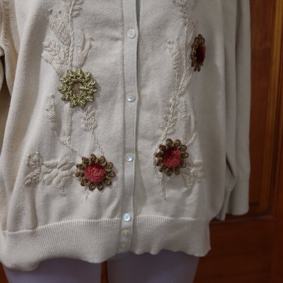 Liz Claiborne Cream Floral Appliqué Cotton Rayon Cardigan L Full Back Embroidery - Picture 3 of 16